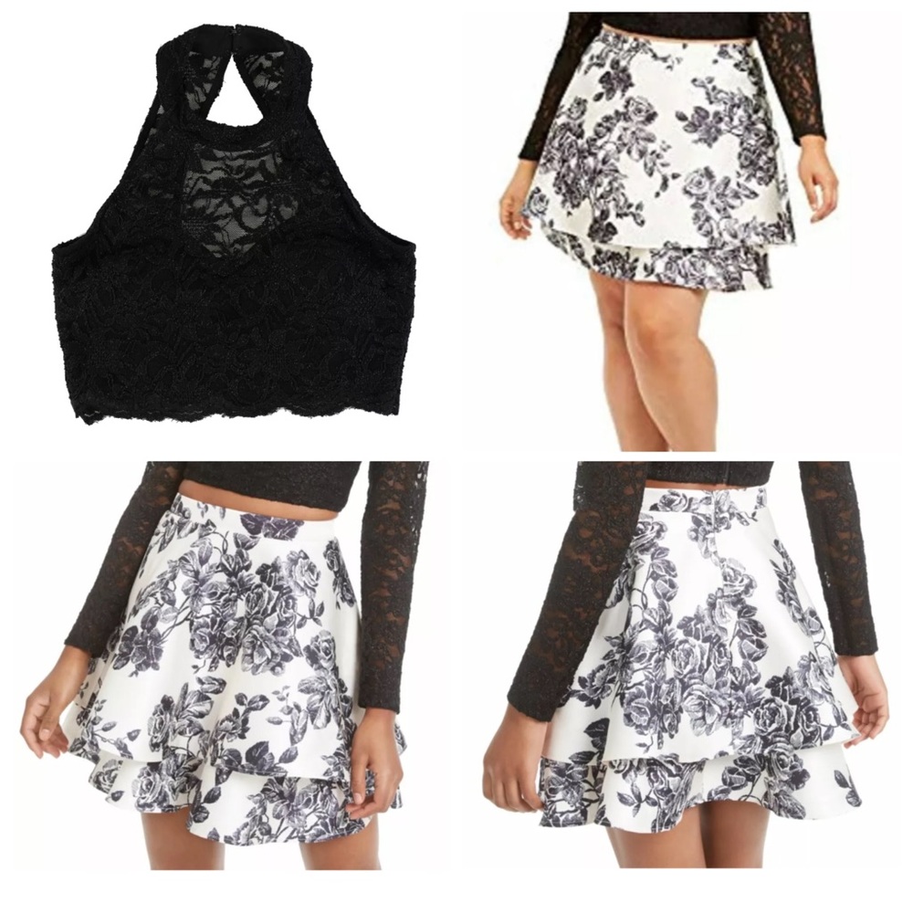 City Studio 14W floral skirt & 15 black cropped high neck top NWT